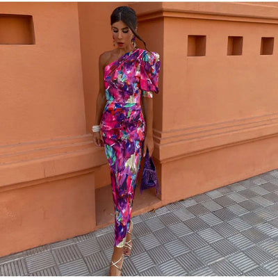 YILA | Sukienka Midi Damska z Jednym Ramiączkiem w Kolorze Fioletowym