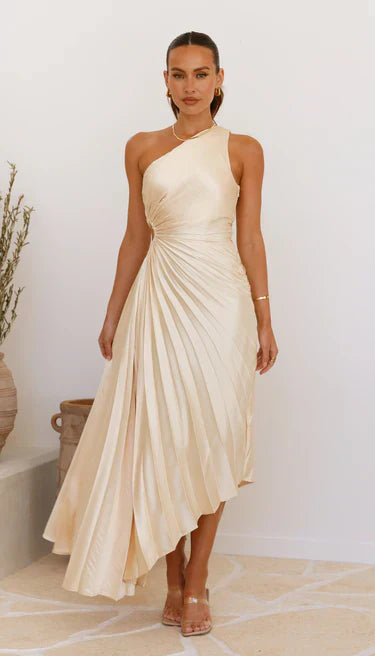 SYLVIANA | Sukienka midi z plisowaniem na jedno ramię