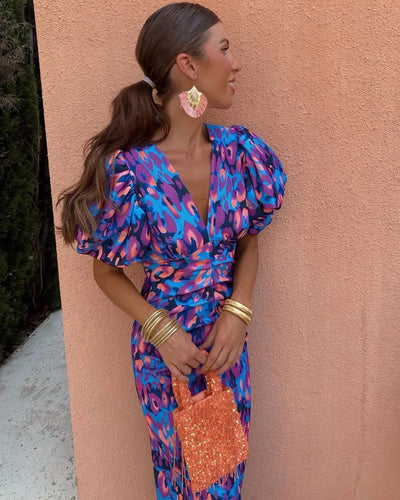 SIMONA | Sukienka elegancka z dekoltem w serek i bufkami