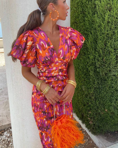 SIMONA | Sukienka elegancka z dekoltem w serek i bufkami