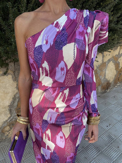 YILA | Sukienka Midi Damska z Jednym Ramiączkiem w Kolorze Fioletowym